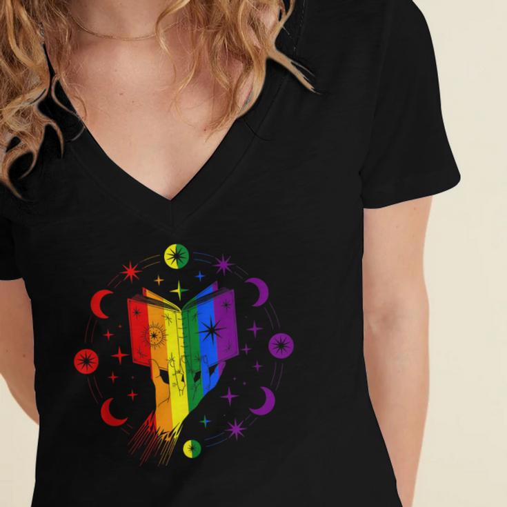 Rainbow Book With Stars And Moon Phases Gay Pride LGBT Women's Jersey Short Sleeve Deep V-Neck Tshirt