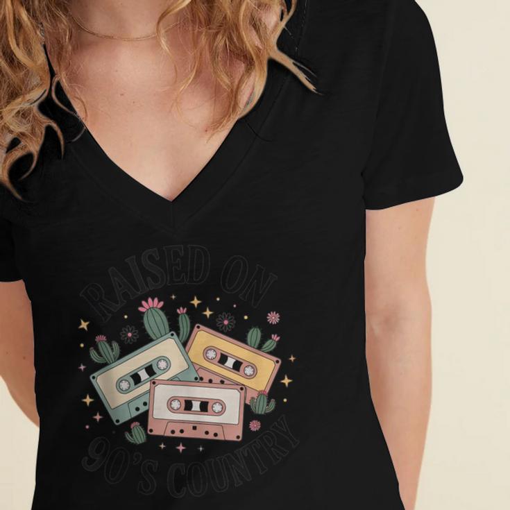 Raised On 90's Country Music Lover Nostalgia Retro Vibe Women's Jersey Short Sleeve Deep V-Neck Tshirt