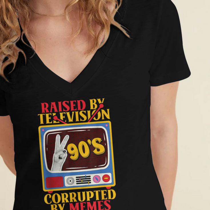Raised By Television Corrupted By Memes Internet Nostalgia Women's Jersey Short Sleeve Deep V-Neck Tshirt Raised By Television Corrupted By Memes Internet Nostalgia Women's Jersey Short Sleeve Deep V-Neck Tshirt