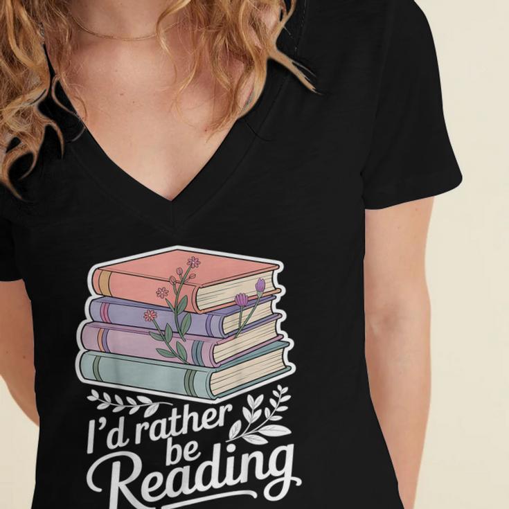 Rather Be Reading Book Lover Stack Women's Jersey Short Sleeve Deep V-Neck Tshirt
