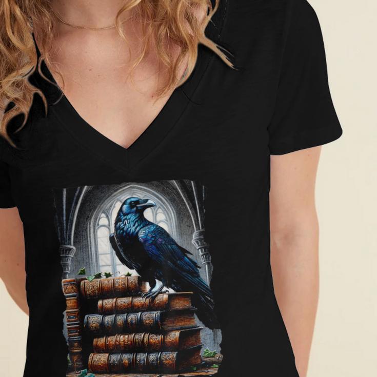 Raven On A Stack Of Books Wisdom Of Odin Women's Jersey Short Sleeve Deep V-Neck Tshirt Raven On A Stack Of Books Wisdom Of Odin Women's Jersey Short Sleeve Deep V-Neck Tshirt
