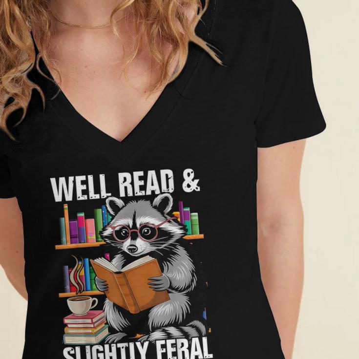 Well Read & Slightly Feral Raccoon Book Lover Graphic Women's Jersey Short Sleeve Deep V-Neck Tshirt