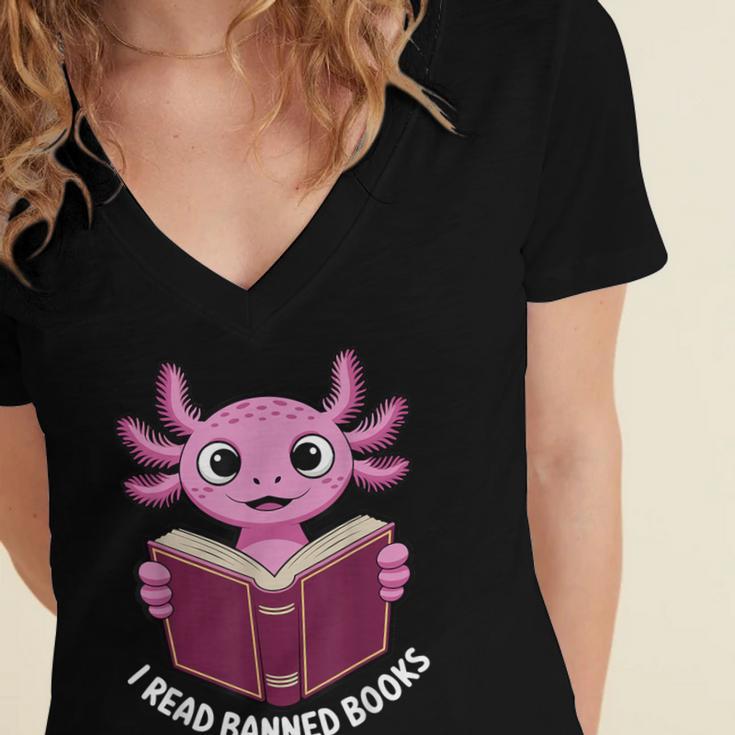 I Read Banned Books Axolotl Reading Women's Jersey Short Sleeve Deep V-Neck Tshirt