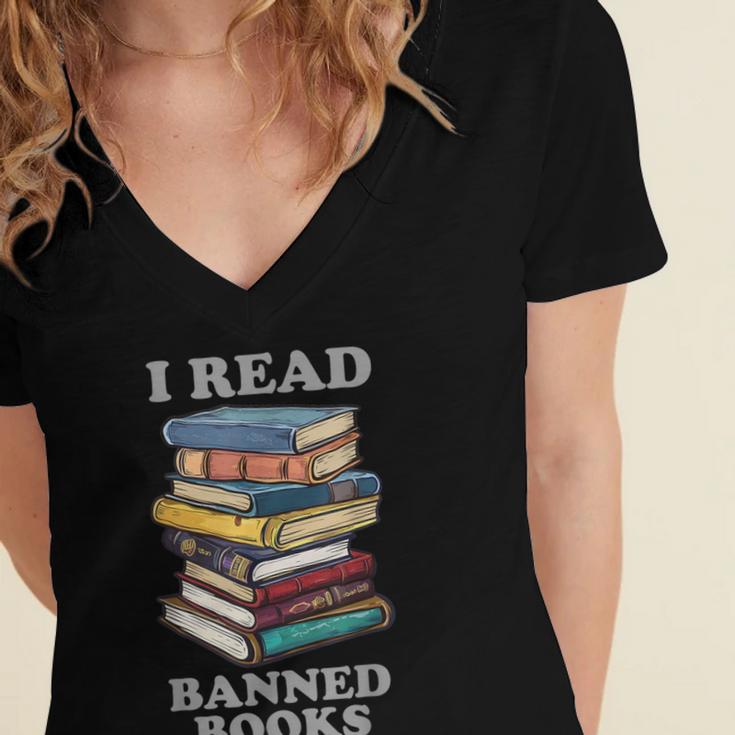 I Read Banned Books Bookworm Women's Jersey Short Sleeve Deep V-Neck Tshirt