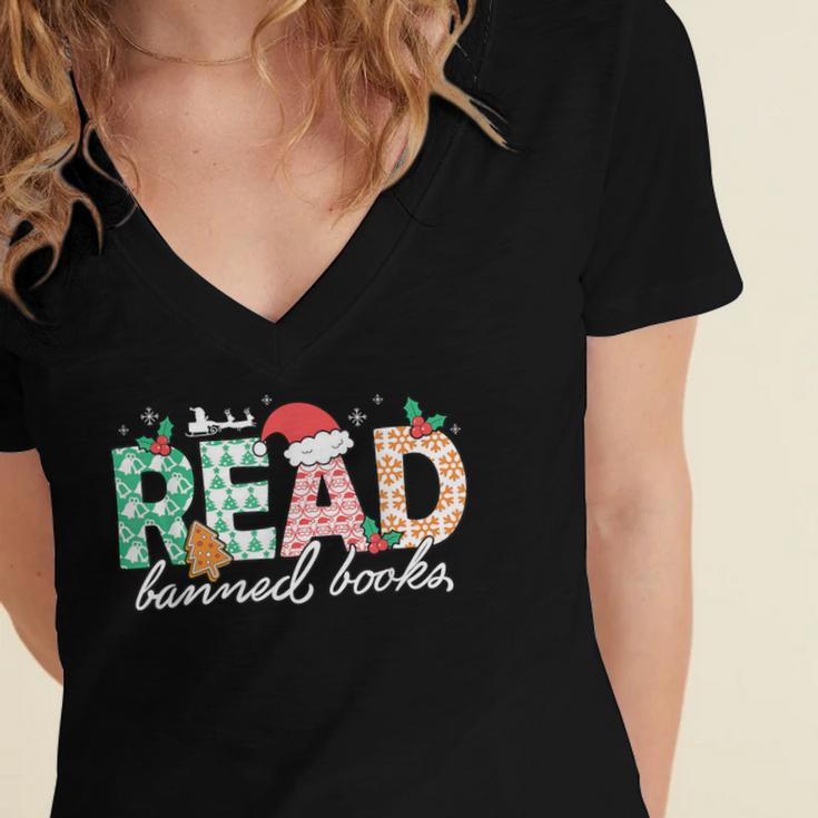 Read Banned Books Christmas Holiday Women's Jersey Short Sleeve Deep V-Neck Tshirt