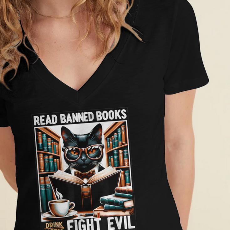 Read Banned Books Drink Coffee Fight Evil Book Reader Lovers Women's Jersey Short Sleeve Deep V-Neck Tshirt