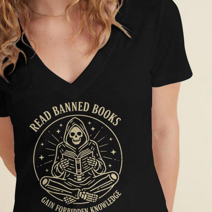 Read Banned Books Gain Forbidden Knowledge Skeleton Women's Jersey Short Sleeve Deep V-Neck Tshirt