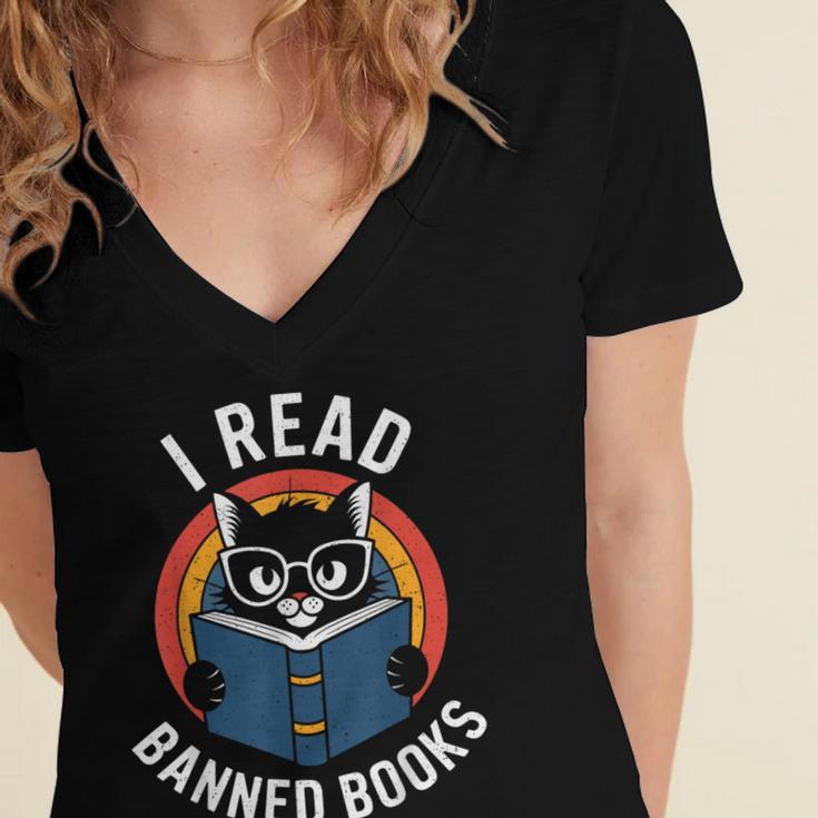 I Read Banned Books For Men Women Cat Banned Books Women's Jersey Short Sleeve Deep V-Neck Tshirt