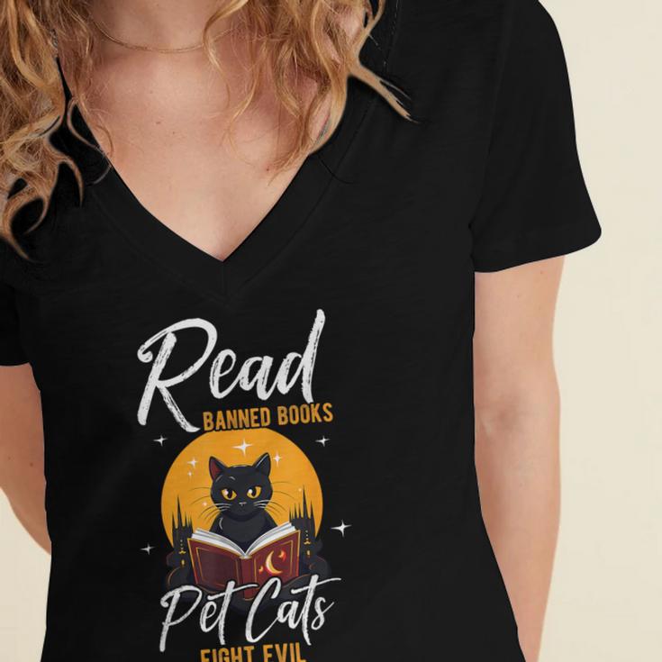 Read Banned Books Pet Cats Fight Evil Read Banned Reader Women's Jersey Short Sleeve Deep V-Neck Tshirt