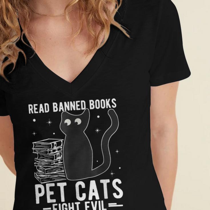 Read Banned Books Pet Cats Fight Evil Read Banned Books Women's Jersey Short Sleeve Deep V-Neck Tshirt