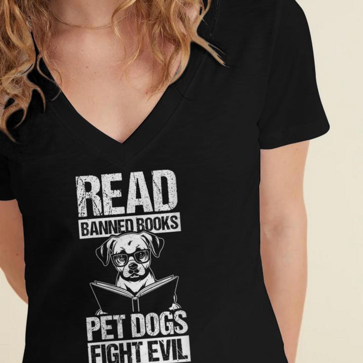 Read Banned Books PET DOGS FIGHT EVIL Read Banned Books Dog Women's Jersey Short Sleeve Deep V-Neck Tshirt