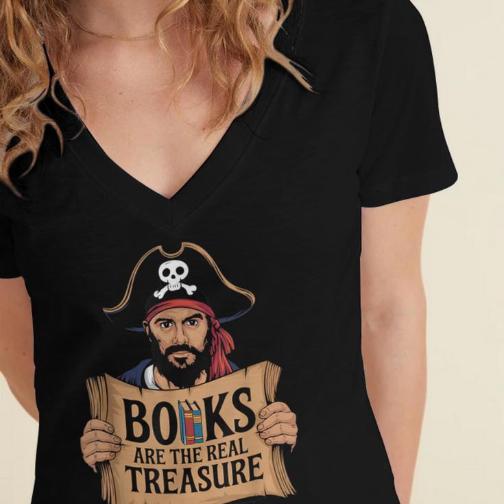 Read Book Reader Library Reading Librarian Pirate Bookworm Women's Jersey Short Sleeve Deep V-Neck Tshirt