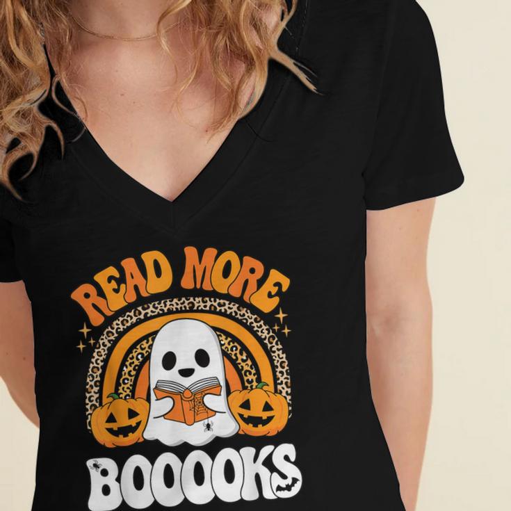 Read More Books Booooks Ghost Pumpkin Cute Teacher Halloween Women's Jersey Short Sleeve Deep V-Neck Tshirt