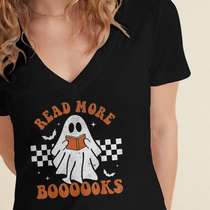 Read More Books Cute Ghost Reading Book Teacher Halloween Women's Jersey Short Sleeve Deep V-Neck Tshirt
