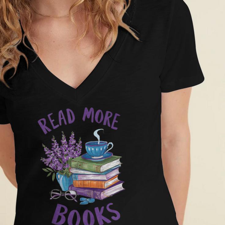 Read More Books Floral Book Reader Art Reading Lover Quote Women's Jersey Short Sleeve Deep V-Neck Tshirt