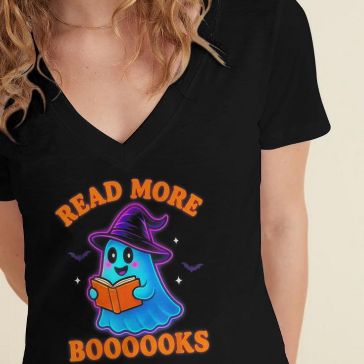Read More Books Halloween Book Cute Ghost Reading Teaching Women's Jersey Short Sleeve Deep V-Neck Tshirt