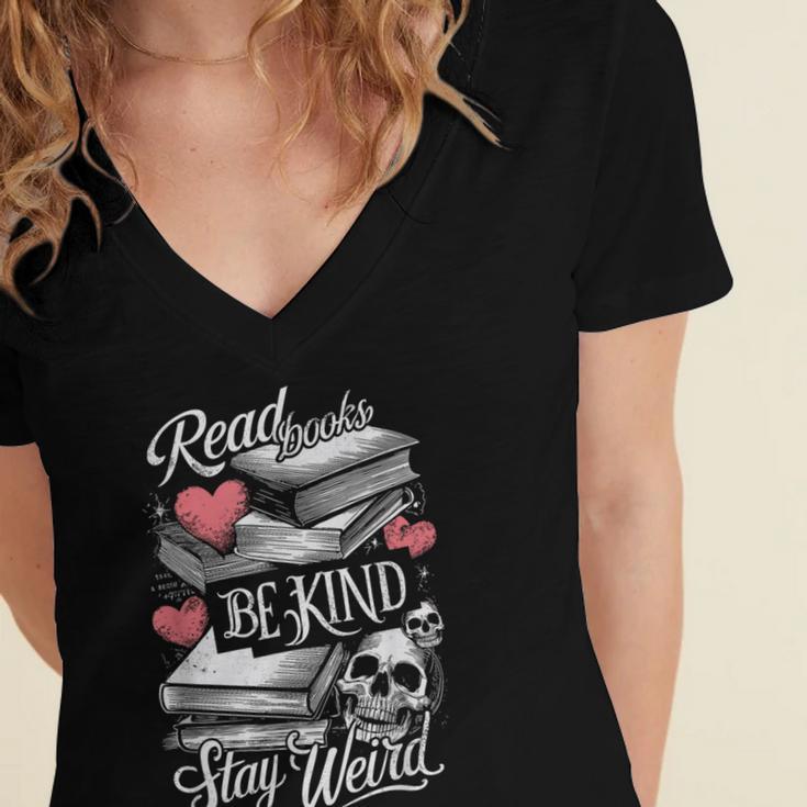 Read Books Be Kind Stay Weird Skeleton Heart Reading Alt Women's Jersey Short Sleeve Deep V-Neck Tshirt Read Books Be Kind Stay Weird Skeleton Heart Reading Alt Women's Jersey Short Sleeve Deep V-Neck Tshirt