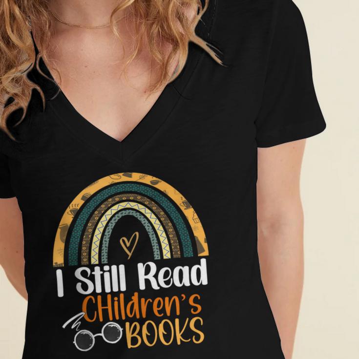 I Still Read Children's Books Rainbow Women's Jersey Short Sleeve Deep V-Neck Tshirt