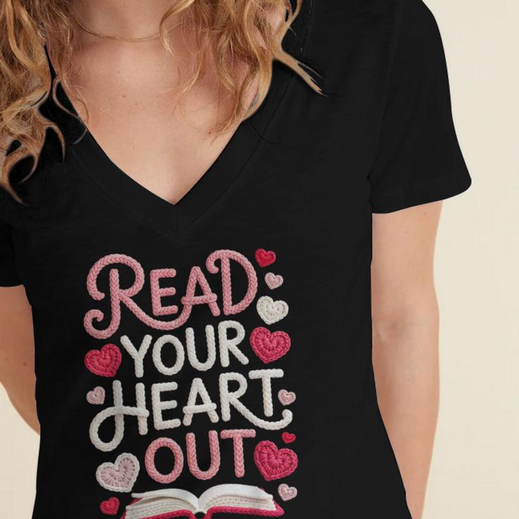 Read Your Cute Heart Out Teacher Librarian Love Reading Book Women's Jersey Short Sleeve Deep V-Neck Tshirt