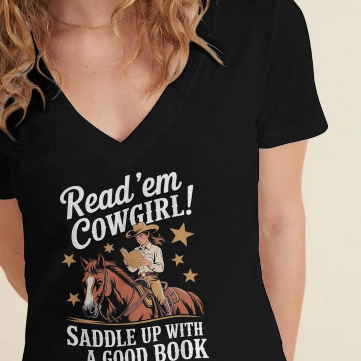 Read 'Em Cowgirl Saddle Up With A Good Book Rodeo Bookworm Women's Jersey Short Sleeve Deep V-Neck Tshirt Read 'Em Cowgirl Saddle Up With A Good Book Rodeo Bookworm Women's Jersey Short Sleeve Deep V-Neck Tshirt