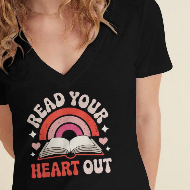 Read Your Heart Out Book Lovers Emotional Fall Vibes Women's Jersey Short Sleeve Deep V-Neck Tshirt