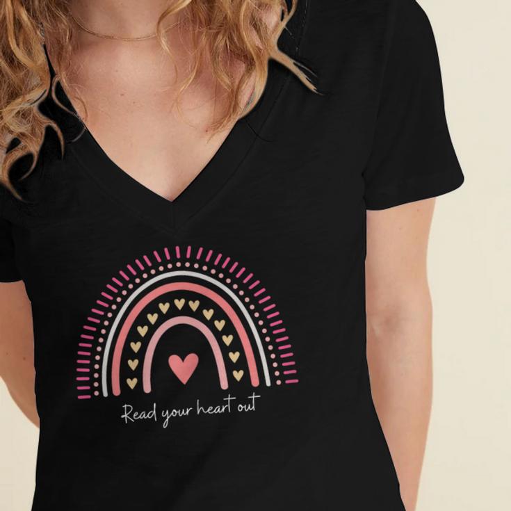 Read Your Heart Out Rainbow Teacher Reading Books Lover Women's Jersey Short Sleeve Deep V-Neck Tshirt