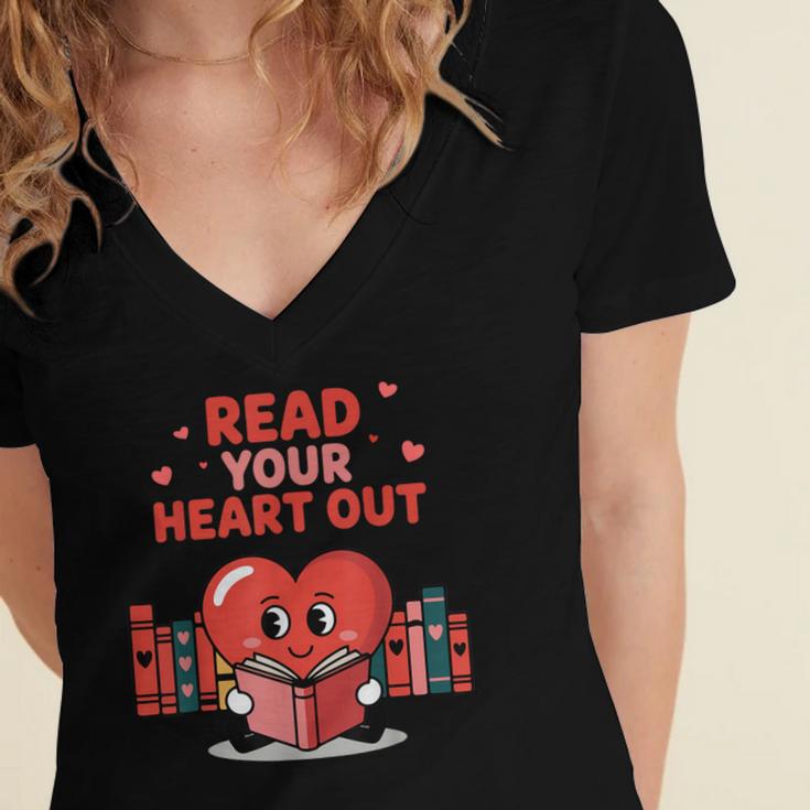 Read Your Heart Out Shirt Valentine Teacher Bookworm Lover Women's Jersey Short Sleeve Deep V-Neck Tshirt