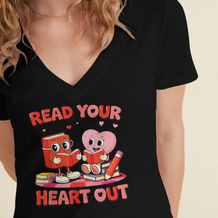 Read Your Heart Out Valentine Reading Book Girl Kid Teacher Women's Jersey Short Sleeve Deep V-Neck Tshirt Read Your Heart Out Valentine Reading Book Girl Kid Teacher Women's Jersey Short Sleeve Deep V-Neck Tshirt