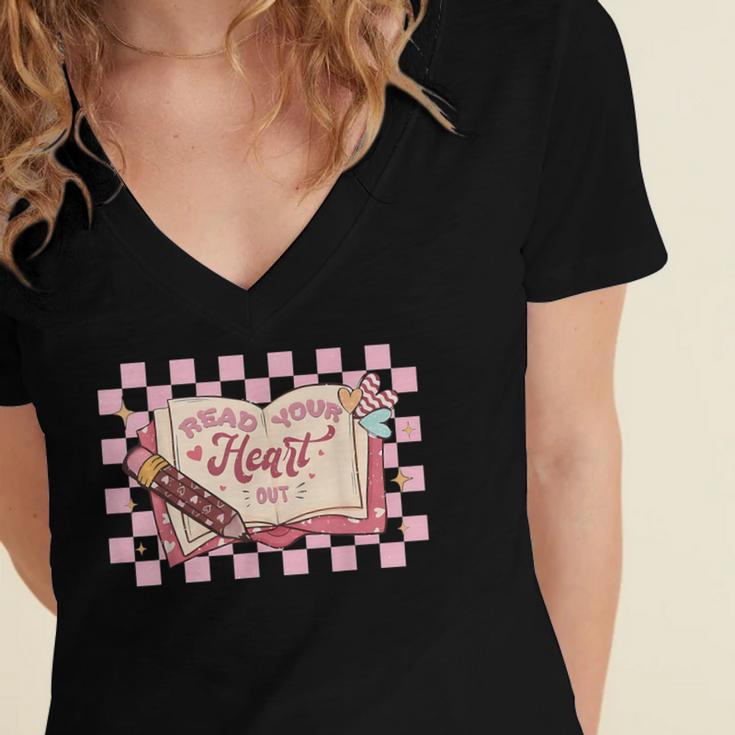 Read Your Heart Out Valentine Reading Book Teacher Student Women's Jersey Short Sleeve Deep V-Neck Tshirt