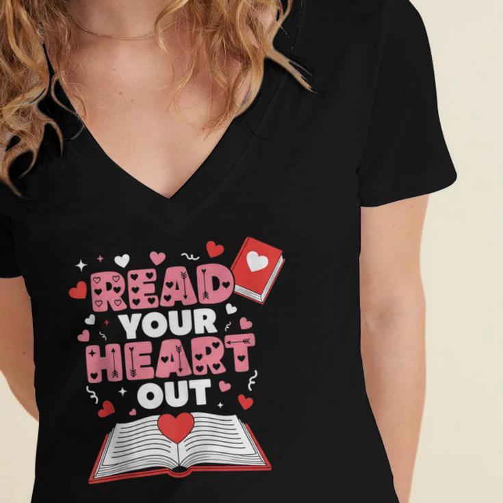 Read Your Heart Out Valentines Day Reading Book Kids Teacher Women's Jersey Short Sleeve Deep V-Neck Tshirt