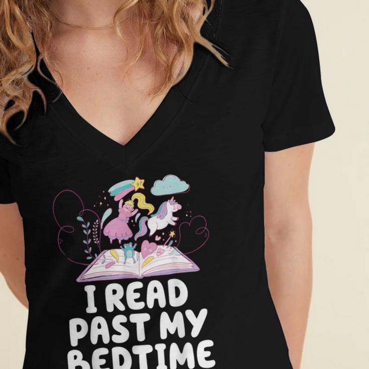 I Read Past My Bedtime Reading Unicorn Book Lover Women's Jersey Short Sleeve Deep V-Neck Tshirt