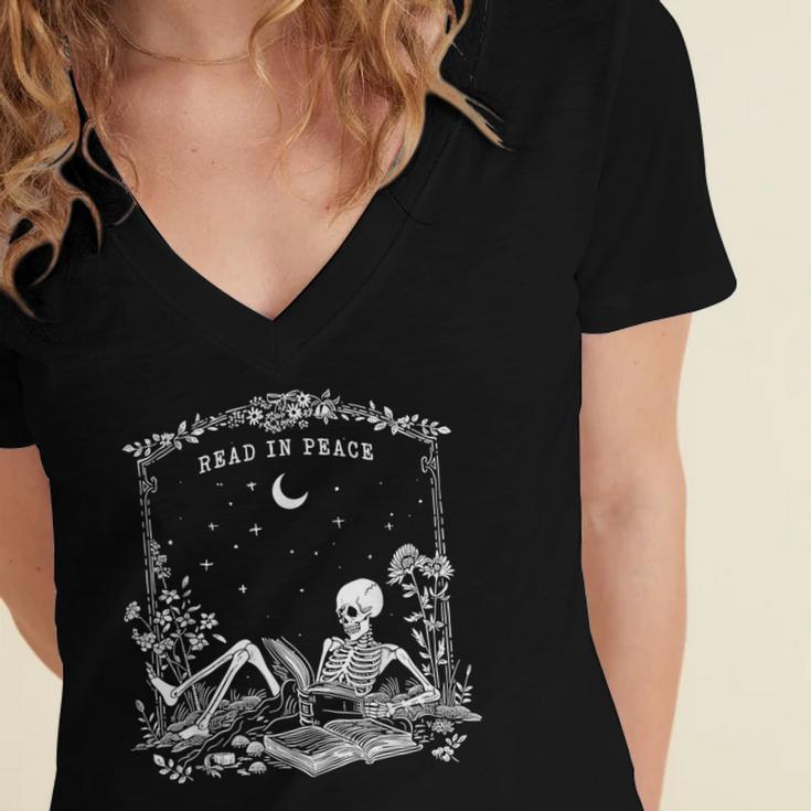 Read In Peace Skeleton Reading Book Halloween Bookish Women's Jersey Short Sleeve Deep V-Neck Tshirt