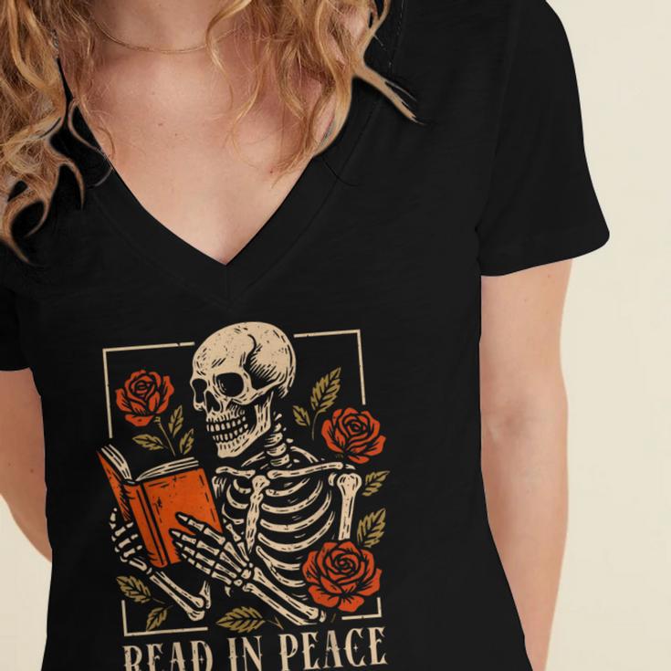Read In Peace Skeleton Reading Book Halloween Teacher Women's Jersey Short Sleeve Deep V-Neck Tshirt