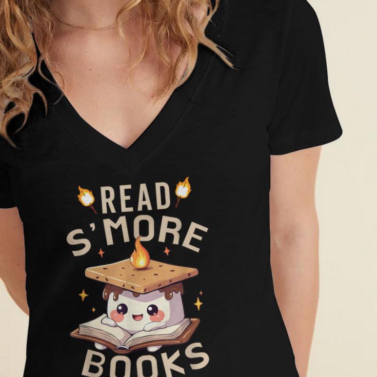 Read S'More Book Marshmallow Book Reading Lover Women's Jersey Short Sleeve Deep V-Neck Tshirt