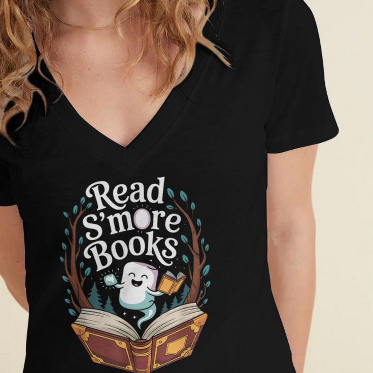 Read S'More Books Camping Outdoors Travel Campfire Women's Jersey Short Sleeve Deep V-Neck Tshirt