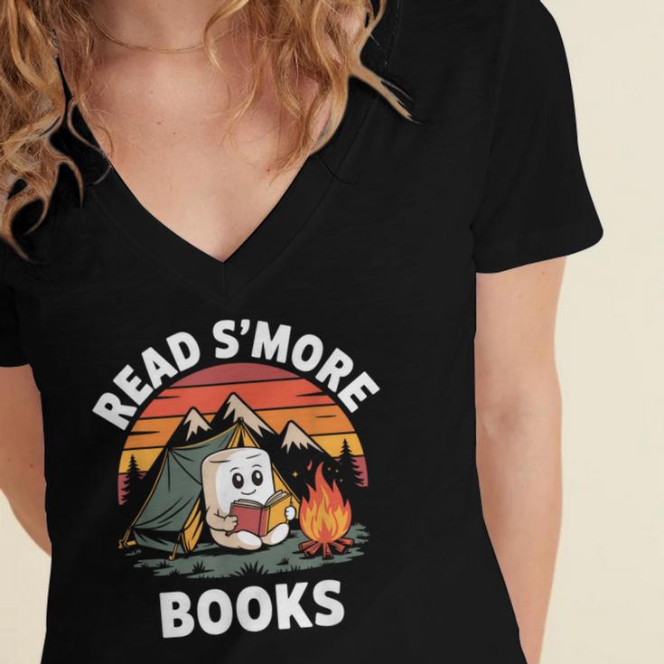 Read S'More Books Cute Campfire Reading Book Lovers Women's Jersey Short Sleeve Deep V-Neck Tshirt