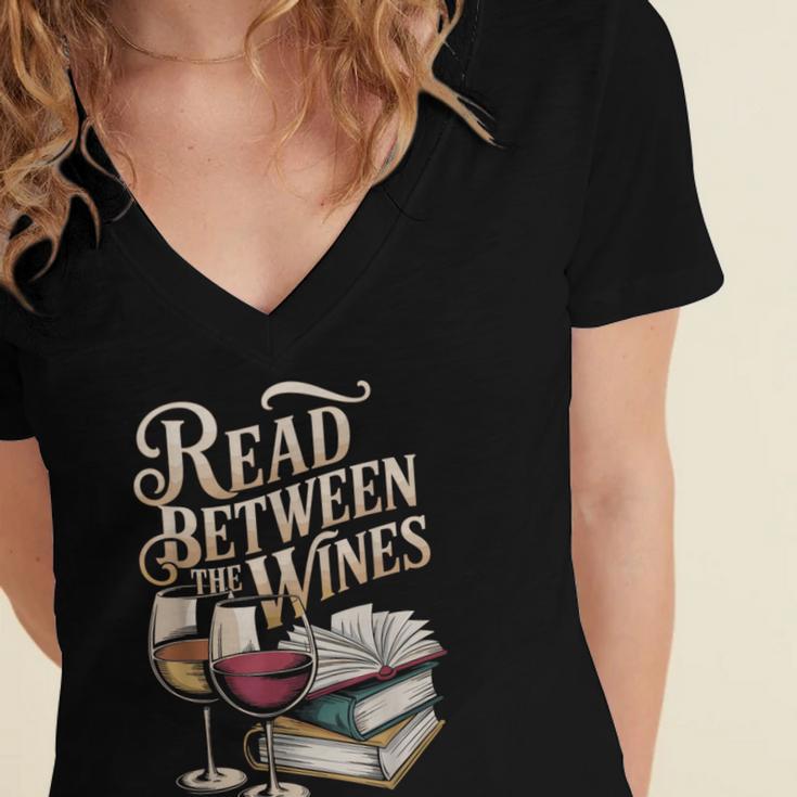 Read Between The Wines Vintage Book Lovers Wine Reading Women's Jersey Short Sleeve Deep V-Neck Tshirt
