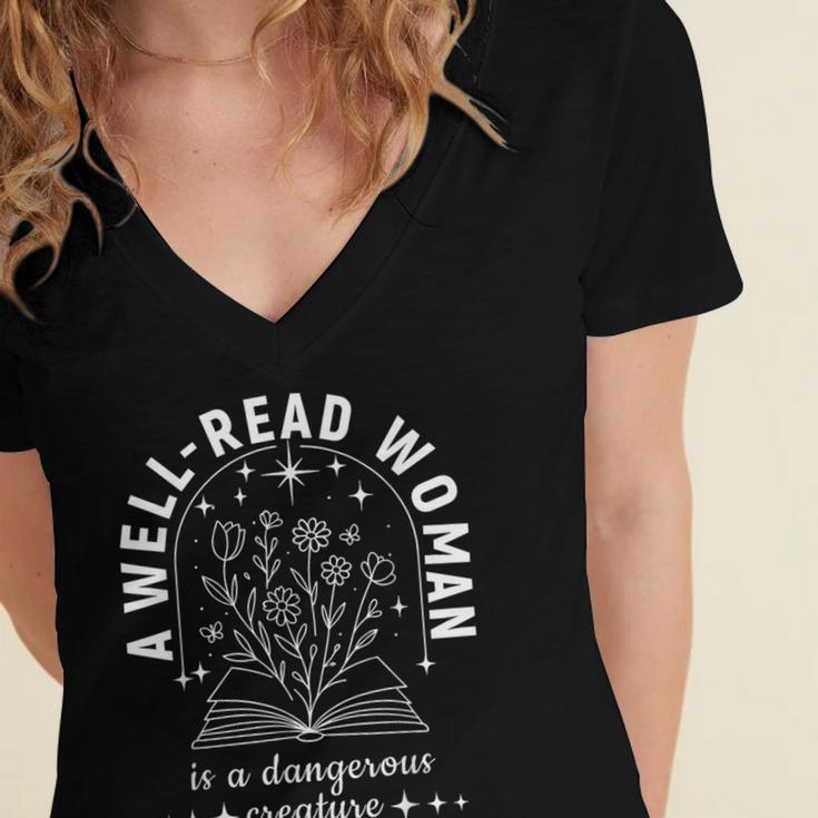 A Well Read Woman Book Lover Literary Quote Women's Jersey Short Sleeve Deep V-Neck Tshirt