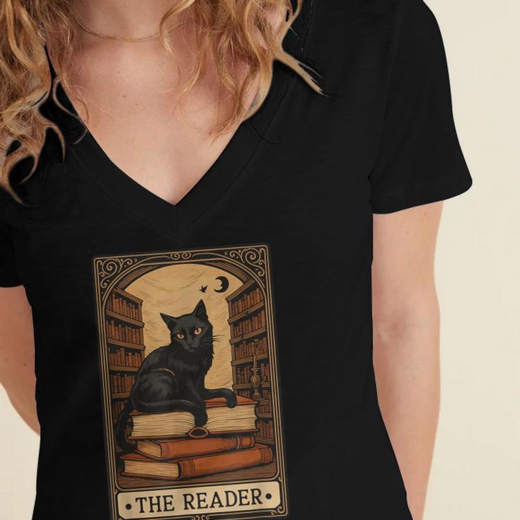 The Reader Cat Book Reading Halloween Tarot Card Women's Jersey Short Sleeve Deep V-Neck Tshirt The Reader Cat Book Reading Halloween Tarot Card Women's Jersey Short Sleeve Deep V-Neck Tshirt