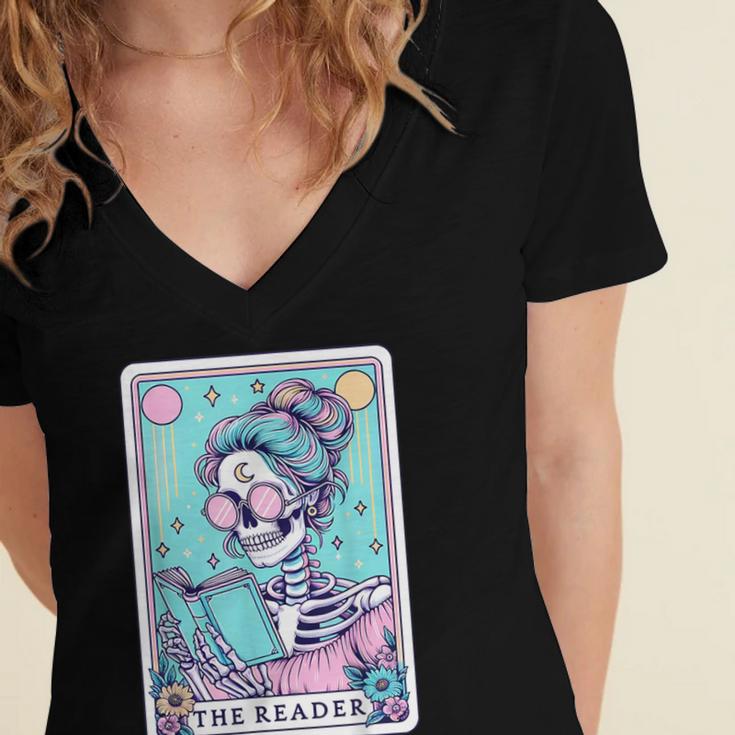 The Reader Retro Reading Skeleton Books Flowers Tarot Card Women's Jersey Short Sleeve Deep V-Neck Tshirt