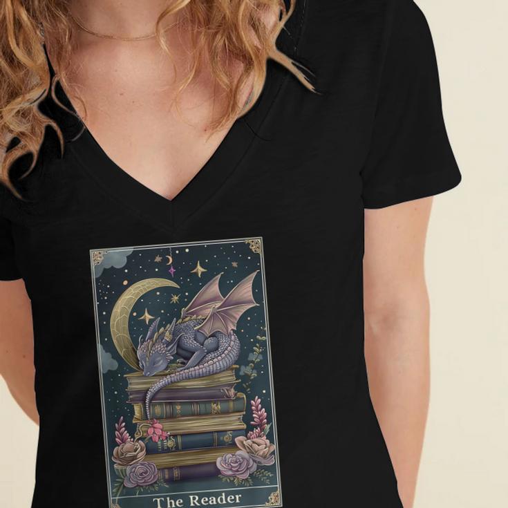 The Reader Tarot Card Book Dragon Romantasy Fantasy Bookish Women's Jersey Short Sleeve Deep V-Neck Tshirt