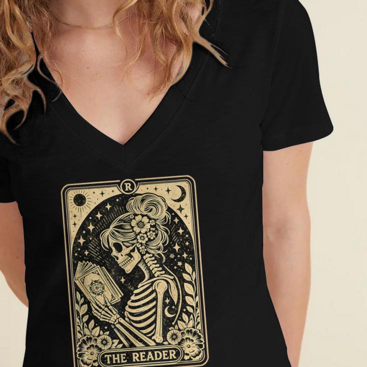The Reader Tarot Card Book Lover Skeleton Reading Book Women's Jersey Short Sleeve Deep V-Neck Tshirt
