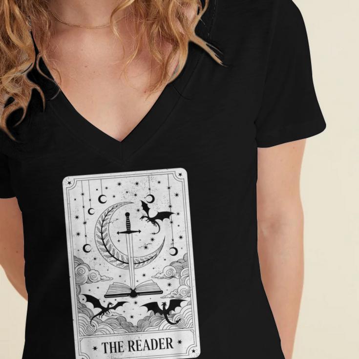 The Reader Tarot Card Bookworm Books Lover Dragon Librarians Women's Jersey Short Sleeve Deep V-Neck Tshirt The Reader Tarot Card Bookworm Books Lover Dragon Librarians Women's Jersey Short Sleeve Deep V-Neck Tshirt