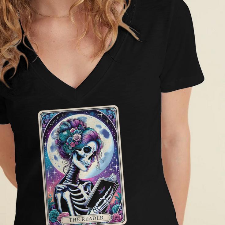 The Reader Tarot Card Reading Skeleton Skull Book Lover Women's Jersey Short Sleeve Deep V-Neck Tshirt