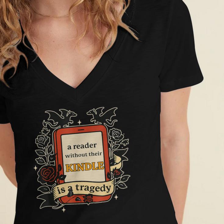 A Reader Without Their Book Is A Tragedy Dragon Rider Quote Women's Jersey Short Sleeve Deep V-Neck Tshirt A Reader Without Their Book Is A Tragedy Dragon Rider Quote Women's Jersey Short Sleeve Deep V-Neck Tshirt