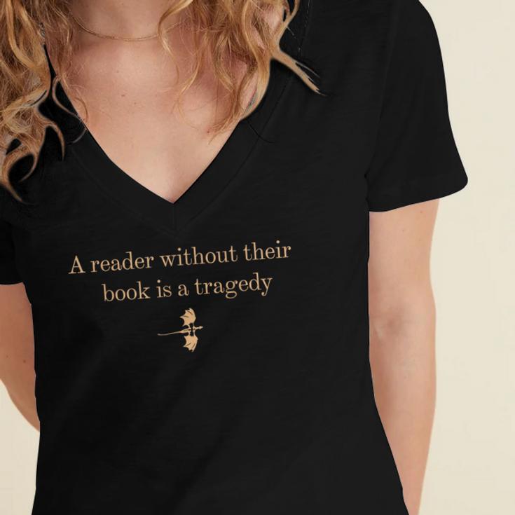 A Reader Without Their Book Is Tragedy Book Reading Dragon Women's Jersey Short Sleeve Deep V-Neck Tshirt A Reader Without Their Book Is Tragedy Book Reading Dragon Women's Jersey Short Sleeve Deep V-Neck Tshirt