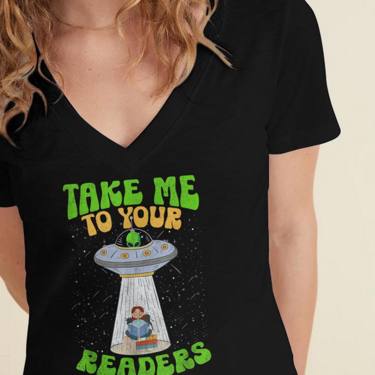 Take Me To Your Readers Alien Book Reading Bookaholic Women's Jersey Short Sleeve Deep V-Neck Tshirt