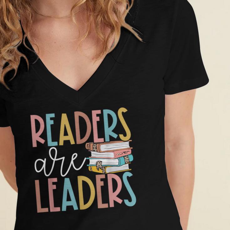 Readers Are Leaders Reading Book Lovers Teacher Women Kids Women's Jersey Short Sleeve Deep V-Neck Tshirt Readers Are Leaders Reading Book Lovers Teacher Women Kids Women's Jersey Short Sleeve Deep V-Neck Tshirt