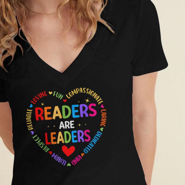 Readers Are Leaders Reading Teacher Women Kids Book Lovers Women's Jersey Short Sleeve Deep V-Neck Tshirt