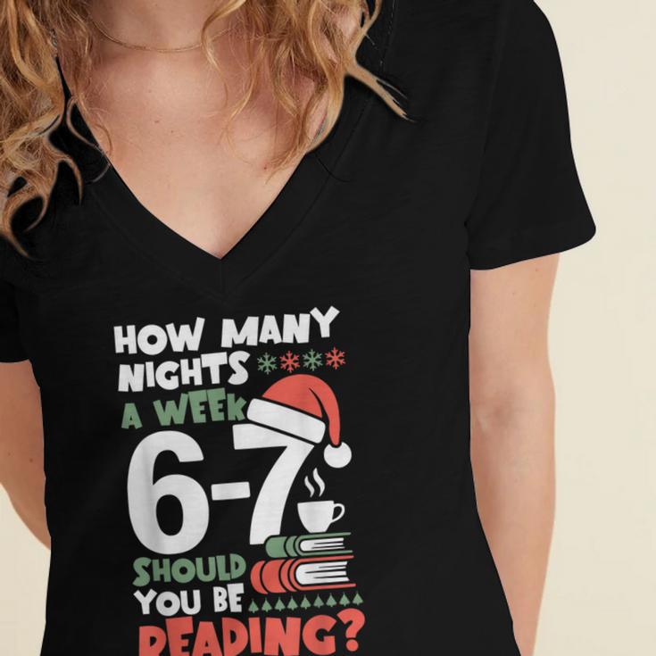 Reading 67 Meme English Teacher Christmas Book Lover Women's Jersey Short Sleeve Deep V-Neck Tshirt